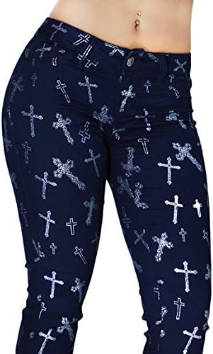 Womens Fashion Trendy Fit Metallic Gold Silver Cross Designed Jean Pant (SIZE : 3, DENIM-WV12328)