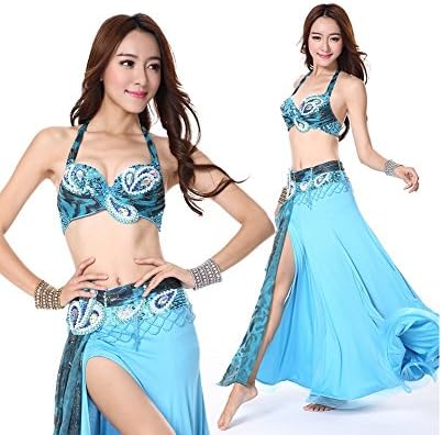 C803 Belly Dance Costume Outfit Set Bra Belt Carnival Bollywood Professional Exotic Performance Costumes 2PCS (Bra B Cup+Belt85cm/33.5'', Light Blue)