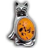 Certified Genuine Honey Amber and Sterling Silver Cat Pin