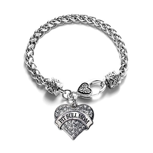 Pit Bull Mom Pave Heart Charm Bracelet Silver Plated Lobster Clasp Clear Crystal Charm