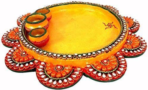 Handmade Paper Mache Thahi or Plate with Built in Bowls in Flower Shape