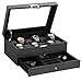 BEWISHOME Watch Box Organizer with Valet Drawer - Real Glass Top, Adjustable Tray, Metal Hinge, Carbon Fiber Design - 12 Slots Watch Storage Case for Men, Black SSH02C