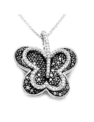 Jewelili 1/2 Ctttw Black and White Diamond Double Butterfly Pendant in Sterling Silver with 18" chain