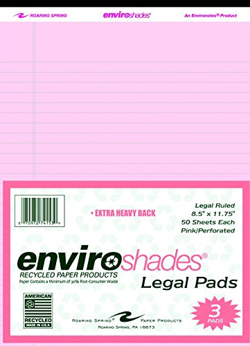 Roaring Spring Enviroshades Legal Pad, 8-1/2 X 11-3/4 in, 50 Sheets, Paper, Pink, Pack of 3