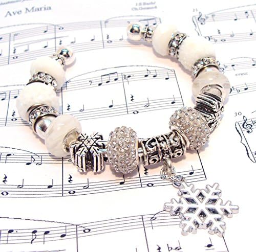 White Snowballs, Snowflakes and Crystal Pandora-Style Cuff Bracelet-Christmas bracelet, white bracelet, cuff bracelet, snowballs, snowflakes, jingle bells, Christmas gift, gifts for her