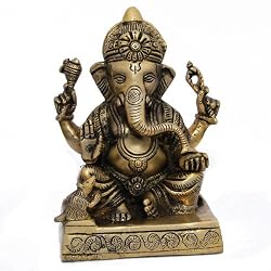Brass Ganesha Seated Statue Playing Tabla