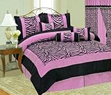 7 PC MODERN LAVENDER PINK ZEBRA MICRO FUR COMFORTER SET / BED IN A BAG - QU ....