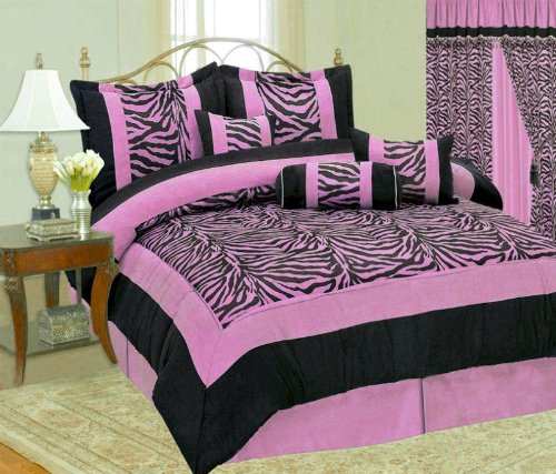 517uVSTWxRL 7 PC MODERN LAVENDER PINK ZEBRA MICRO FUR COMFORTER SET / BED IN A BAG   KING SIZE BEDDING