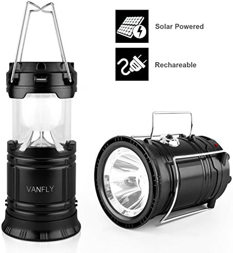 Camping Lantern, Solar Rechargeable LED Camping Light &amp; Handheld Flashlight in the Bottom for Hiking, Camping, Fishing, Hurricanes, Outages, Emergency Charging for Mobilephone (Pure black)