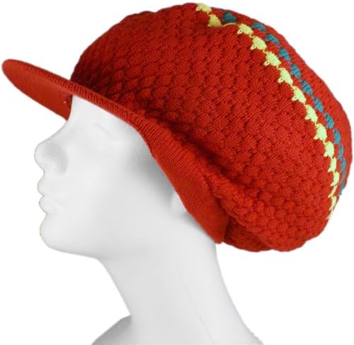 Rasta Dread Knit Tam Hat - "Dreadlocks Cap" (Large Round Red/Red/Yellow/Green, with Brim)