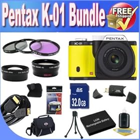 Pentax K-01 16MP APS-C CMOS Compact System Camera With 18-55mm and 55-200mm Lens (Yellow) + Extended Life Battery + 32GB SDHC Class 10 Memory Card + USB Card Reader + Memory Card Wallet + Deluxe Case w/Strap + Shock Proof Deluxe Case + Mini HDMI to HDMI Cable + 3 Piece Professional Filter Kit + Supe