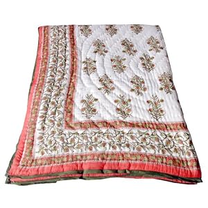 New Jaipuri Handmade Hand Block Print King Size Reversible Cotton white & peach Quilt Bedspread Bedding