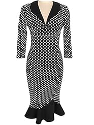 V-neck Plunging Neck Mermaid Dots Print Cocktail Vintage Long Sleeves Cotton/Polyester/Spandex  Dress