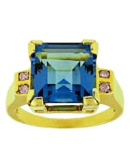 14k Yellow Gold Blue Topaz Square Princess Gemstone and Diamond Ring, Birthstone of December