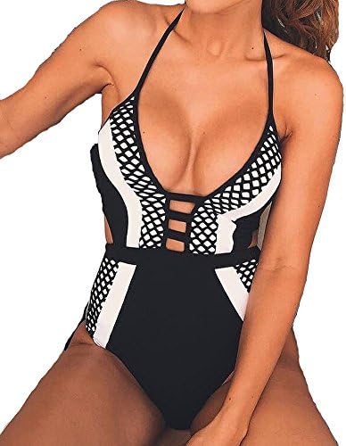 Oyan Women's Sexy Deep V Neck Bandeau Swimsuit Cut Out One Piece Monokini Bikini S