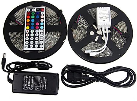2x5m 10 Meter 32.8 Feet 60leds/M 600 Leds 5050 SMD Waterproof RGB LED Strip With 44Key IR Remote Controller Led Lamp Strip Flexiable Color Changing Led Light Strip Kit(5A Power Supply)