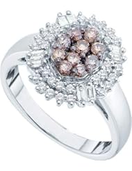 0.78 Carat (ctw) 14k White Gold Round & Baguette Cut Cognac & White Diamond Ladies Right Hand Cocktail Fashion Ring 3/4 CT