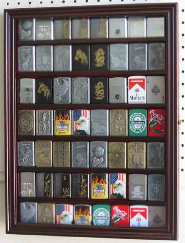 56 Military/Sports Zippo Lighter Display Case Rack Holder Cabinet - Mahogany Finish