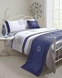 NAVY BLUE & SILVER KING SIZE DUVET SET WITH BED RUNNER & CUSHION COVER