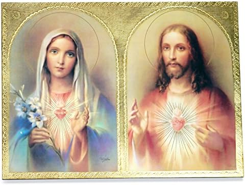Sacred Hearts of Jesus and Mary Large Wall Plaque with Gold Border and Wall Hook - Made in Italy