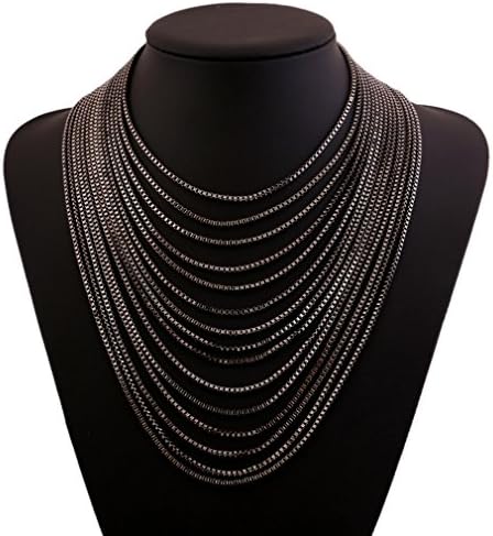 Blingbling Jewelry Multi Layer Box Chain Tassel Chunky Statement Bib Necklace Jewelry (Gun Black)