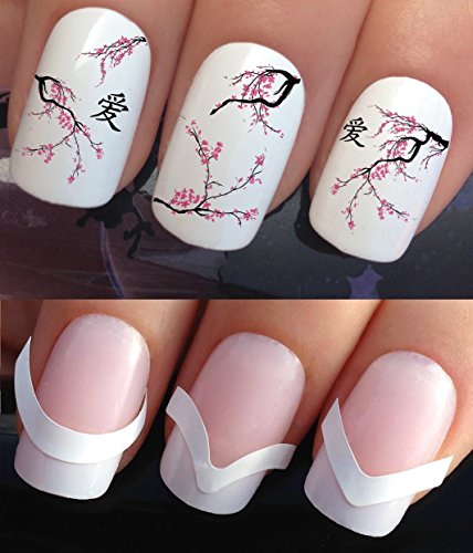 WATER NAIL TRANSFERS DECALS STICKERS ART SET #633 & 172. **plus x48 nail tip guides!!** x24 ORIENTAL SAKURA CHERRY TREE BLOSSOM TATTOO WRAPS & x48 FRENCH MANICURE TIP GUIDES! CAN BE USED WITH NATURAL GEL ACRYLIC STICK ON NAILS! OR WITH GLITTER DUST CAVIAR BEADS ALLOYS DECORATIONS CONFETTI FIMO SHAPES TAPE PENS RHINESTONES!