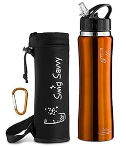 Swig Savvy Sleek and Sporty Double Wall Stainless Steel Water Bottle, 25oz - ORANGE - Including Water Bottle Pouch