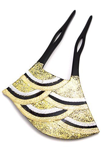 バチ型簪　かんざし　フォーマル　金銀黒　ゴールド　立波　青海波　金箔調　ラメ