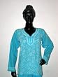 Cyan Tunic Yoga Cotton Kurti Clothing of India Casual Summer Dresses Chikan Embroidery Size Medium