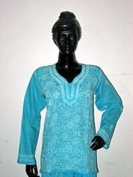 Cyan Tunic Yoga Cotton Kurti Clothing of India Casual Summer Dresses Chikan Embroidery Size M Christmas Sale