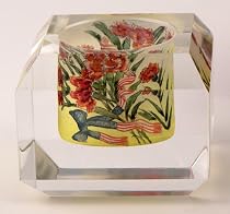 Crystal Tea Light Candle Holder, Hand Painted, Chinese Reverse Painting, Silk Lined Box, Patriotic Red Floral, Collectible - CLOSEOUT Sale