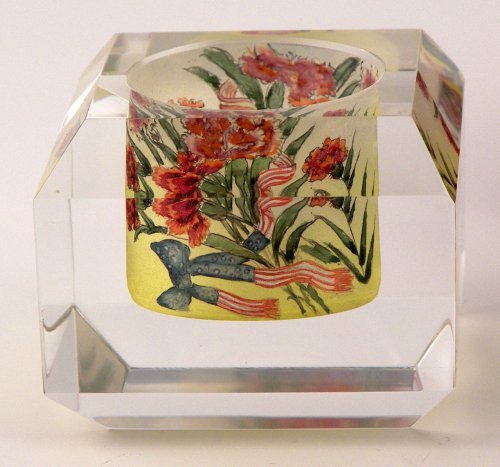 Crystal Tea Light Candle Holder, Hand Painted, Chinese Reverse Painting, Silk Lined Box, Patriotic Red Floral, Collectible - CLOSEOUT Sale