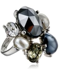 Kenneth Jay Lane Silver, Crystal, Black Multi-Pearl Adjustable Ring