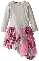 Girls Mesh Asymmetric  Plaid Print Cotton/Polyester/Spandex/Knit  Dress With Ruffles
