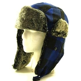 Blue Buffalo Plaid Wool Faux Fur Trooper Trapper Pilot Aviator Hat for Men and Women Medium Large FREE SHIPPING