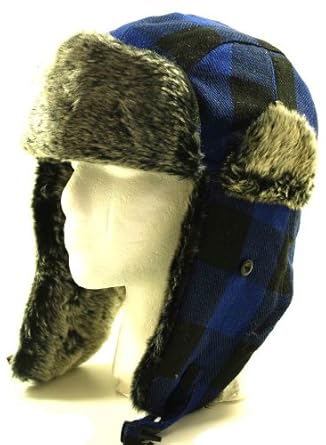 Blue Buffalo Plaid Wool Faux Fur Trooper Trapper Pilot Aviator Hat for Men and Women One Size Hat up to Large Head.