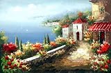 Free Shipping, Impression Mediterranean Landscape / Scenery, Sea View with Flowers and Architecture, Handmade Oil Painting on Canvas By the Artist of A2Z Fine Arts, Hand Signed, with Certificate of Authenticity, Large Size, 24 X 36, Framed / Stretched / Gallery Wrap, Ready to Hang, Perfect Wall Décor