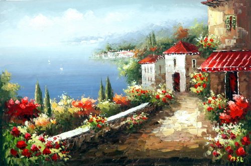 Free Shipping, Impression Mediterranean Landscape / Scenery, Sea View with Flowers and Architecture, Handmade Oil Painting on Canvas By the Artist of A2Z Fine Arts, Hand Signed, with Certificate of Authenticity, Large Size, 24 X 36, Framed / Stretched / Gallery Wrap, Ready to Hang, Perfect Wall Décor