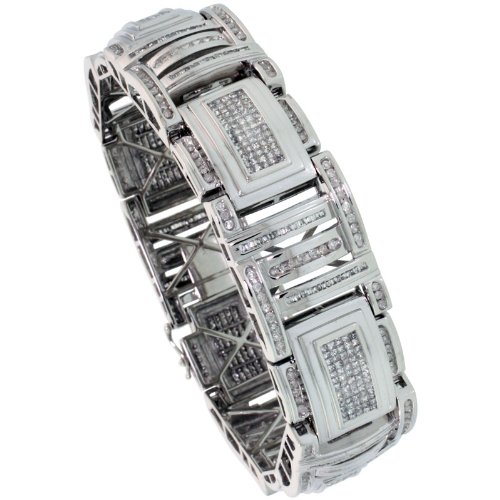 14k White Gold Extra Large Bar Link 8.75 in. Men's Bracelet, w/ 7.50 Carats Baguette, Brilliant Cut & Invisible Set Diamonds, 13/16 in. (21mm) wide