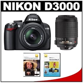 Nikon D3000 10MP Digital SLR Camera with 18-55mm f/3.5-5.6G AF-S DX VR Nikkor Zoom Lens & 55-200mm VR Zoom Lens + 2 Nikon School DVDs