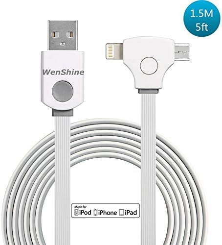 WenShine 2 in 1 High Speed USB Cable,USB 2.0 to Apple Lightning Cable and Micro USB Data Sync &amp; Charging Cable Cord For Apple iPhone and Android Phones(1.5 Meters)with LED Indicator (White)