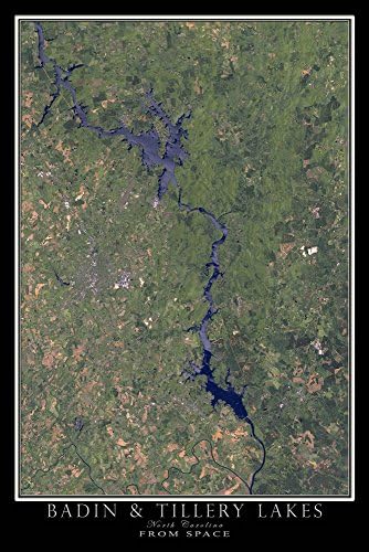 Badin &amp; Tillery Lakes North Carolina From Space Satellite Poster Map 12 x 18 inches