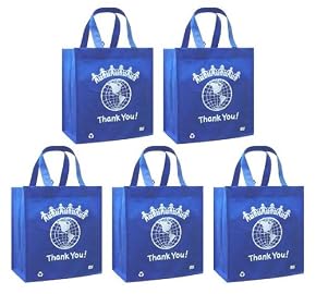 Reusable Grocery Tote Bags 5 Pack (Blue) World Thank You!