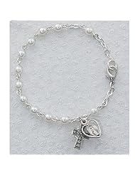6.5" Rosary Girls Bracelet, 3mm Pearl Beads with Sterling Silver Miraculous Medal and Celtic Cross Charms