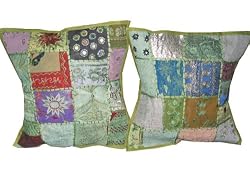 Christmas Gift-2 Shabby Green Gujrati Embroidery Sari Toss Pillow Cushion Covers Free Shipping