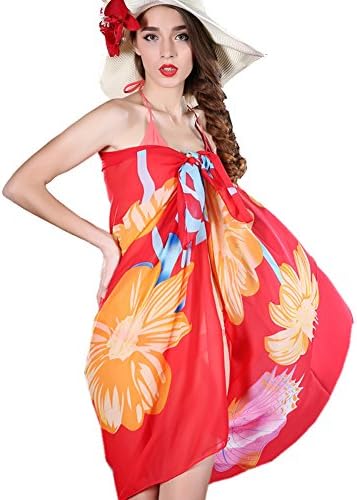 SenchantBCU Stylish Women's Pareo Scarf Swimsuit Cover-up Chiffon Sundress (Campsis-Patterned)
