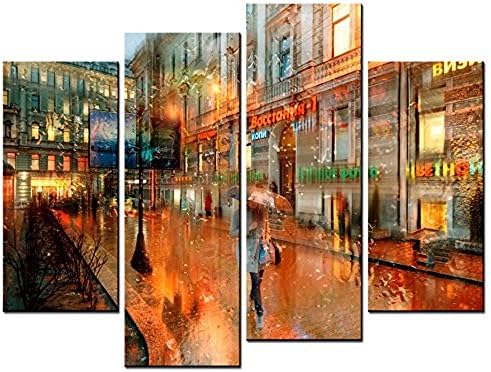 OYEO Canvas Art - Landscape Paintings - Girl on the Bright and Colorful Rainy Street Night Picture - Print on Canvas for Living Room 4 Panels Wall Art Decor
