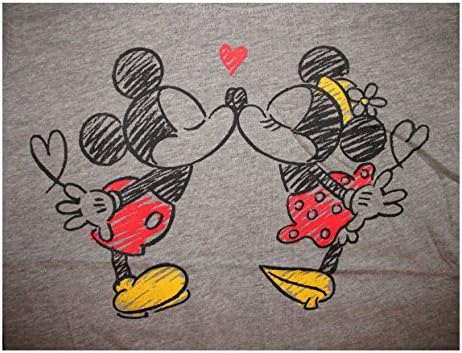 Disney Mickey & Minnie Mouse Kissing Drawing Juniors Slim Fit T-Shirt (Small (3/5))