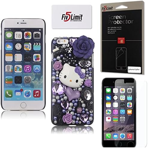 iPhone 6 Plus Case, FiveLimit(TM) 3D Handmade Luxury Bling Rhinestone iPhone 6 Plus [5.5] Case Pearl Crystal Diamond Fairy-Tale Purple Hello Kitty Flower Diamond Case Cover With Make up Set Decoration (Package includes: 1 X Screen Protector) (Purple)