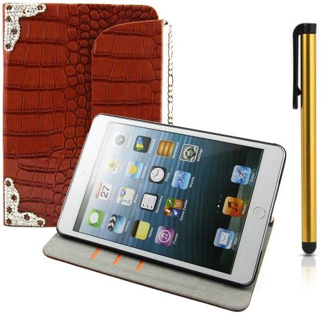 BLING Apple iPad Mini Brown Crocodile Leather Auto Sleep/ Wake Stand Case Cover With Sparkling Rhinestone Flowers / One (Yellow) Stylus Pen/Iron Hand Strap Included